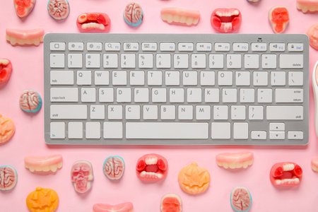 Composition with modern computer keyboard and different tasty candies for Halloween on pink backgroundの写真素材