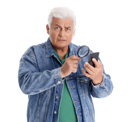 Shocked senior man with mobile phone and magnifier on white backgroundの写真素材