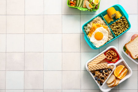 Lunchboxes with different delicious food on white tile backgroundの写真素材