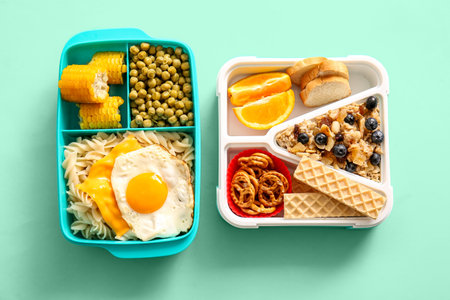 Lunchboxes with different delicious food on turquoise backgroundの写真素材