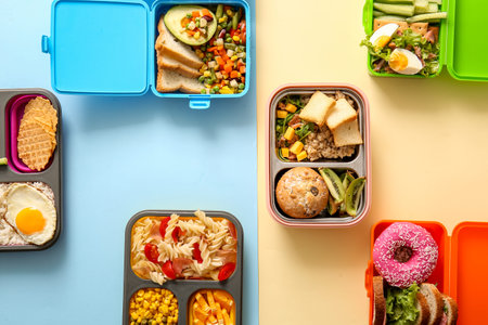Many lunchboxes with different delicious food on color backgroundの写真素材