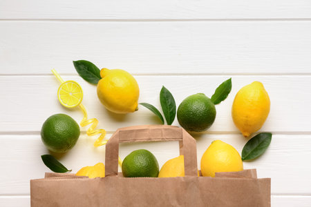 Paper bag with fresh lemons and limes on white wooden backgroundの写真素材