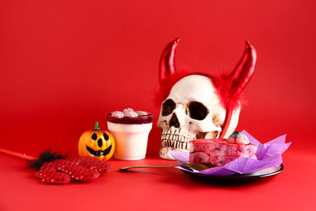Composition with delicious panna cotta, fruit cake, skull and Halloween accessories on red...