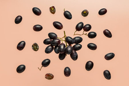 Flying sweet black grapes on pink backgroundの写真素材