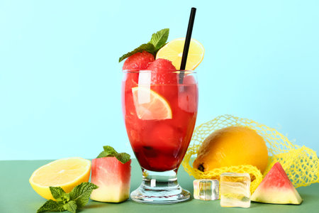 Glass of fresh watermelon lemonade with mint on green tableの写真素材