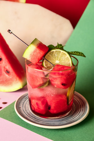 Glass of fresh watermelon lemonade with lime and mint on colorful backgroundの写真素材