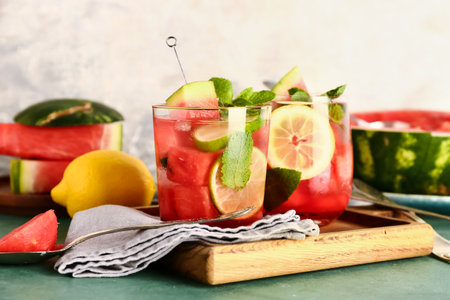 Wooden board with glasses of fresh watermelon lemonade and mint on green tableの写真素材