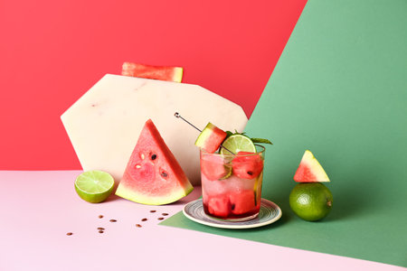 Glass of fresh watermelon lemonade with lime and mint on colorful backgroundの写真素材