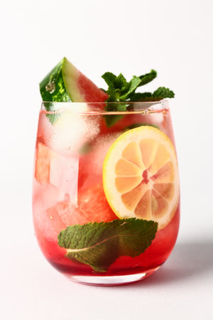 Glass of fresh watermelon lemonade with mint on white backgroundの写真素材