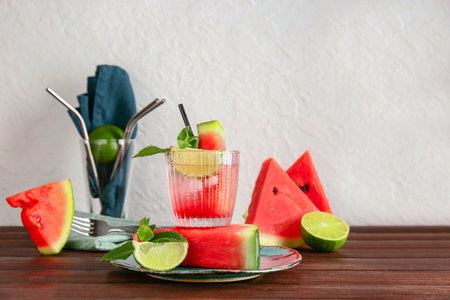 Glass of fresh watermelon lemonade with lime and mint on wooden tableの写真素材