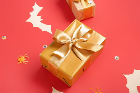 Composition with beautiful gift boxes and Halloween decor on red background, closeup