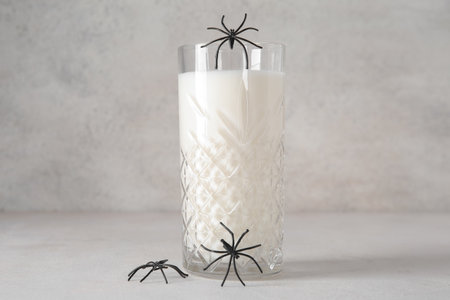 Glass of milk and spiders for Halloween on light background, closeupの写真素材