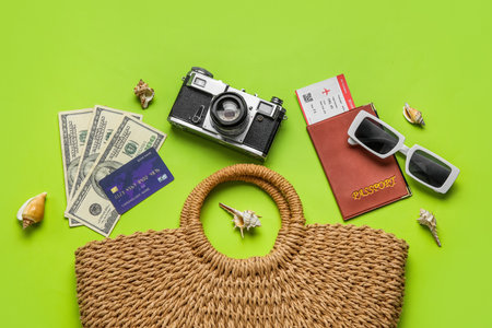 Composition with female bag, sunglasses, credit card and photo camera on green backgroundの写真素材