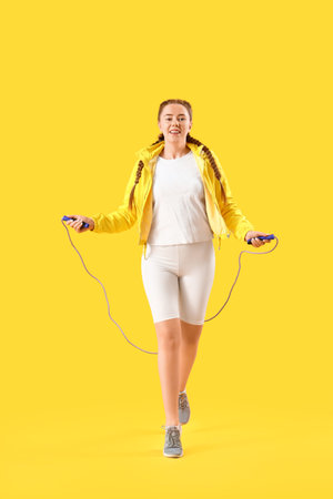 Sporty young woman jumping with rope on yellow backgroundの写真素材