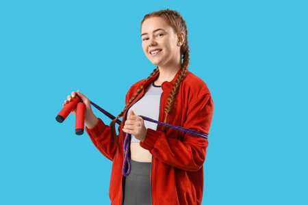 Sporty young woman with skipping rope on blue backgroundの写真素材