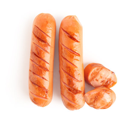Tasty grilled sausages isolated on white backgroundの写真素材
