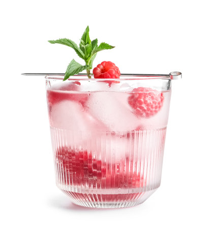 Glass of fresh raspberry lemonade with mint on white backgroundの写真素材