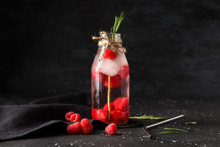 Bottle of fresh raspberry lemonade with rosemary on black backgroundの写真素材