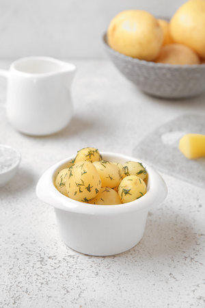 Bowl with boiled baby potatoes on light backgroundの写真素材