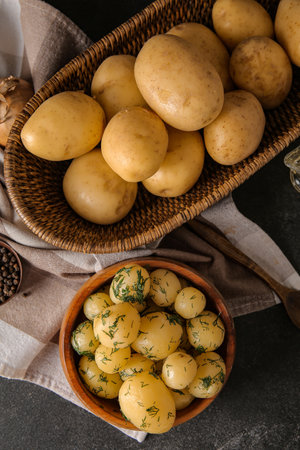 Boiled and raw baby potatoes on black backgroundの写真素材