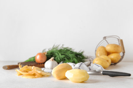 Peeled potatoes on light backgroundの写真素材