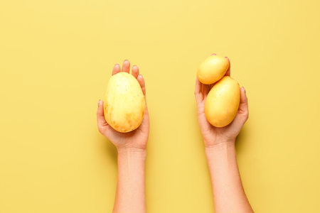 woman holding raw potatoes on yellow backgroundの写真素材