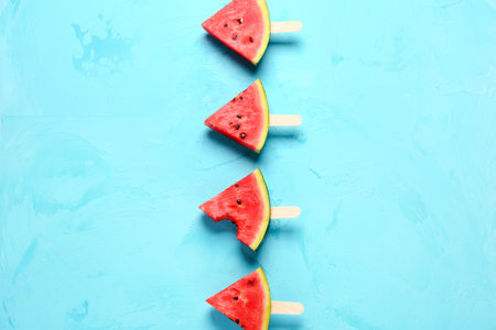 Sweet watermelon sticks on blue backgroundの写真素材