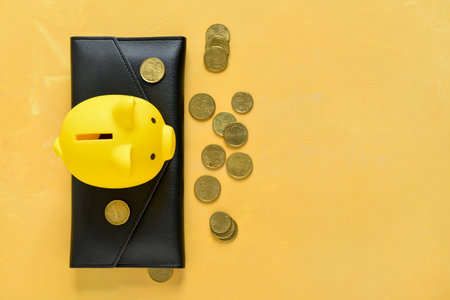Piggy bank with wallet and coins on yellow backgroundの写真素材