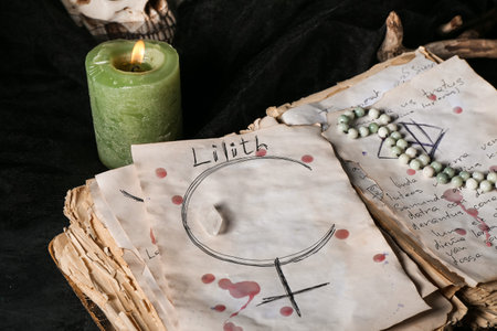 Witch's magic attributes with spell book on dark table, closeupの写真素材
