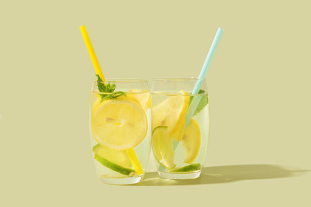 Glasses of tasty lemonade with mint and lime on green background