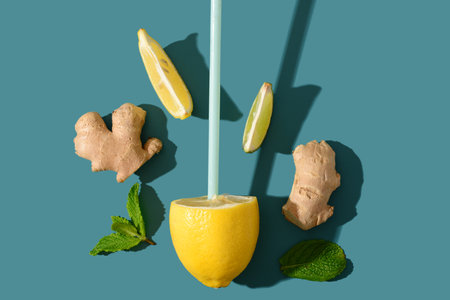 Ingredients for preparing lemonade on blue backgroundの写真素材