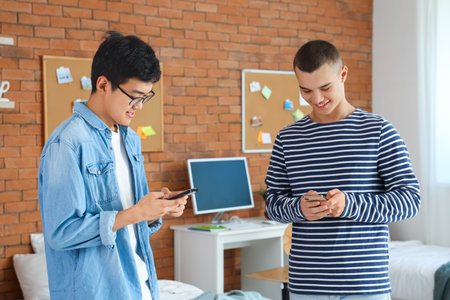 Male students using mobile phones in dorm roomの写真素材