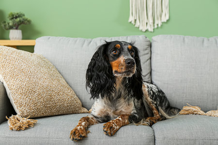 Cute cocker spaniel lying on gray sofa in living roomの写真素材