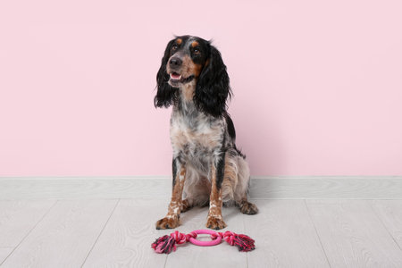 Cute cocker spaniel with toy near pink wall