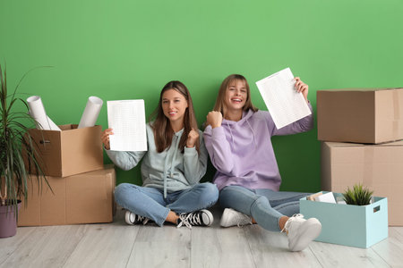 Female students with exam answer sheets in dorm room on moving day