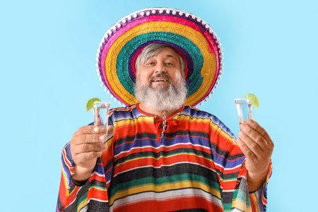 Portrait of happy senior man in poncho and sombrero with shots of tequila on blue backgroundの写真素材