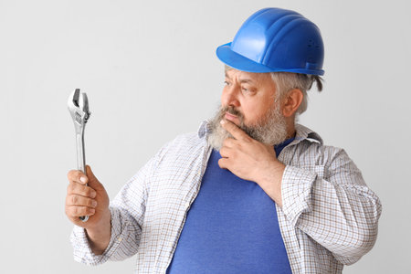 Portrait of senior man in hardhat with wrench on gray background. labor day celebrationの写真素材