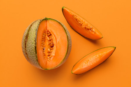 Tasty ripe melon on orange backgroundの写真素材