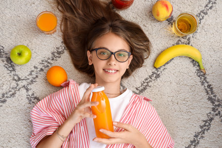 Little girl with juice and fruits lying on carpet, top viewの写真素材