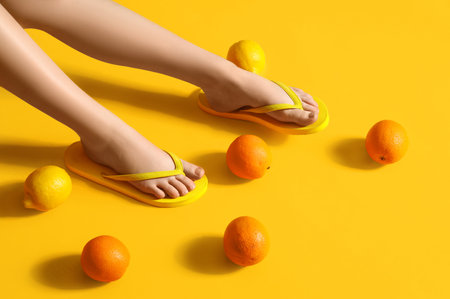 Female legs in stylish flip flops with citruses on yellow backgroundの写真素材