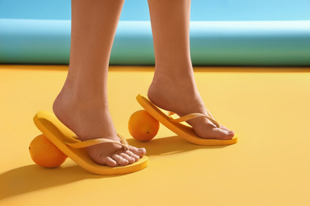 Female legs in stylish flip flops with citruses on color backgroundの写真素材
