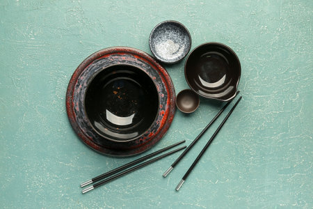 Chinese table setting on color backgroundの写真素材
