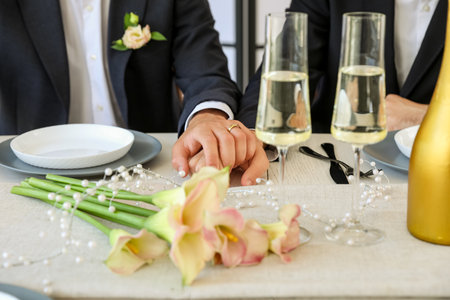 Happy gay couple holding hands at table on their wedding day, closeupの写真素材