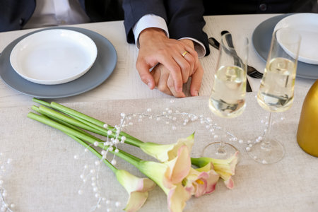 Happy gay couple holding hands at table on their wedding day, closeupの写真素材