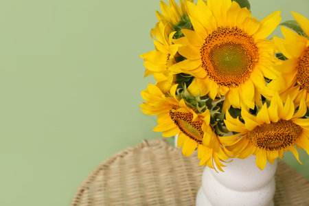 Vase with beautiful sunflowers on table near green wall in room, closeupの写真素材