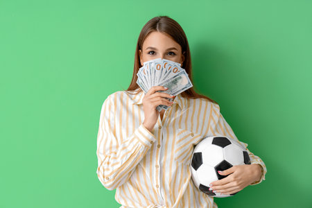 Young woman with soccer ball and money on green background. Sports bet conceptの写真素材