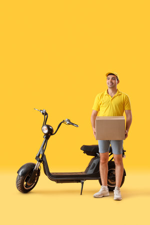 Male courier with parcel and bike on yellow backgroundの写真素材