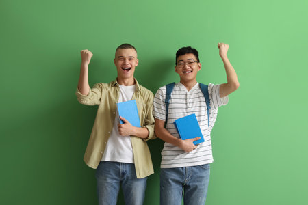 Happy male students with books on green backgroundの写真素材
