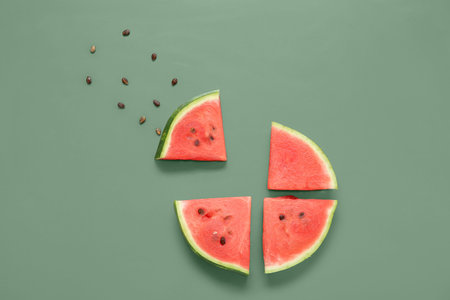 Composition with pieces of ripe watermelon and seeds on green background