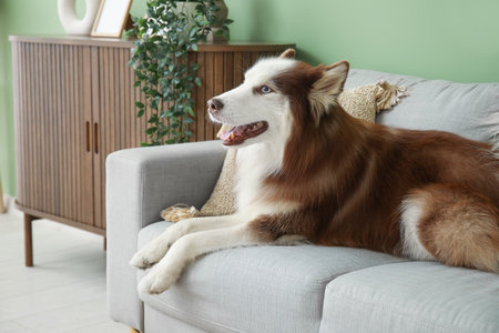 Cute Husky dog lying on sofa in living roomの写真素材